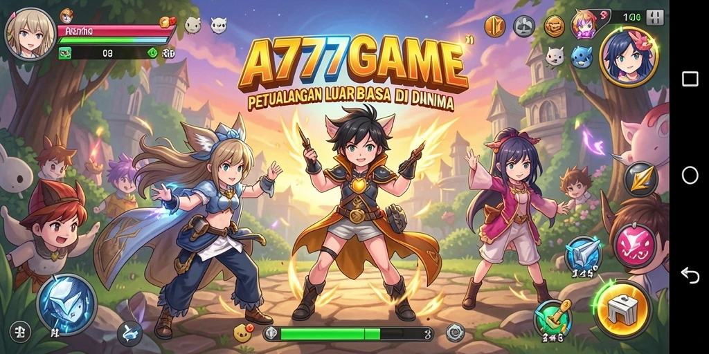 Tangkapan layar menunjukkan aksi pertarungan seru dalam A777GAME dengan karakter anime yang memukau.