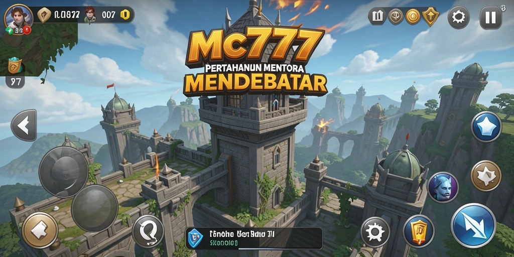 Screenshot gameplay MC777 menampilkan pertahanan menara yang intens.
