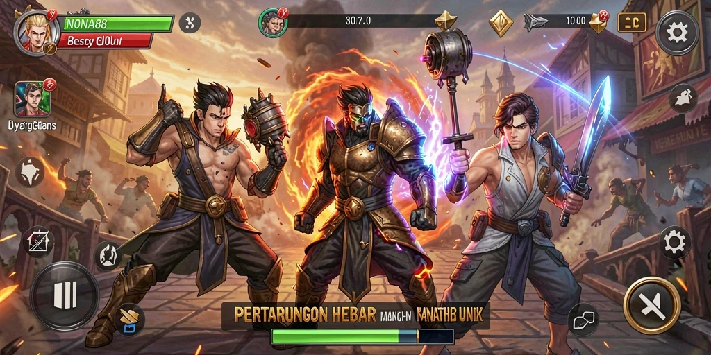 Screenshot NONA88 menampilkan aksi pertarungan seru antar karakter.