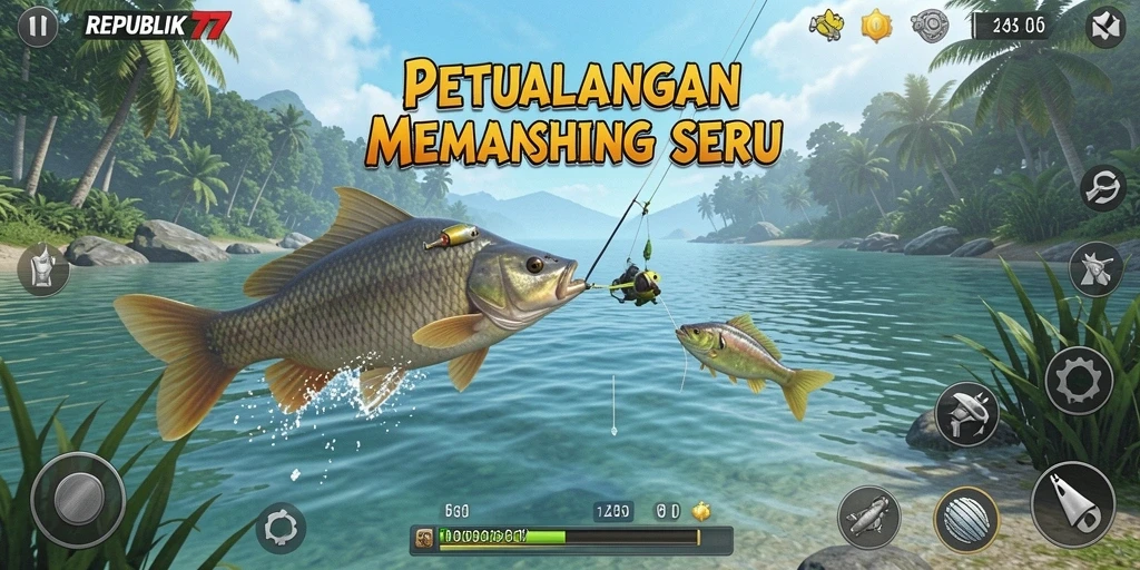Tampilan gameplay utama REPUBLIK77 saat memancing di lokasi cantik.