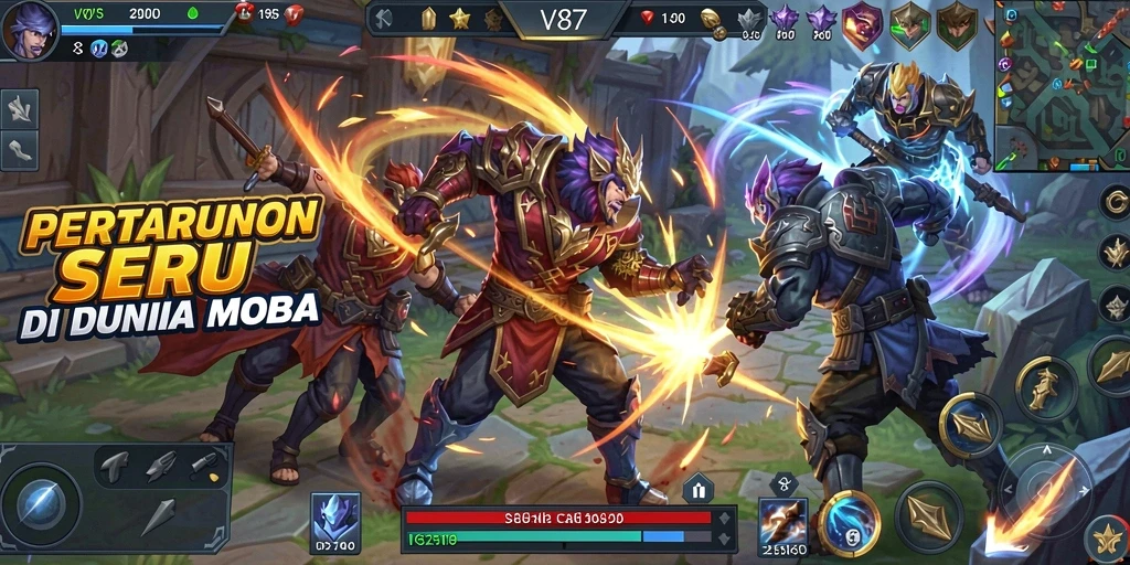 Tampilan dinamis gameplay seru V87 dalam arena MOBA.